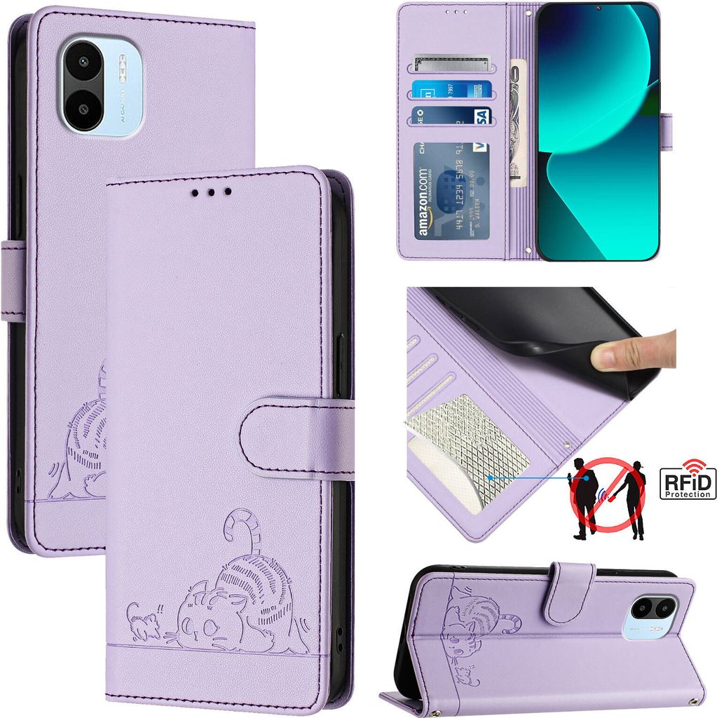 Leder Hülle für Xiaomi Redmi A1/Redmi A2 4G Süße Katze Flip Case Brieftasche Schutzhülle mit Standfunktion Lila