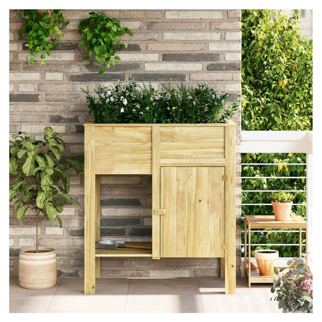 Hochbeet aus massivem Eichenholz mit Stauraum 85x46x96 cm Beige Rechteckig für Balkon Garten Terrasse Wetterbeständig