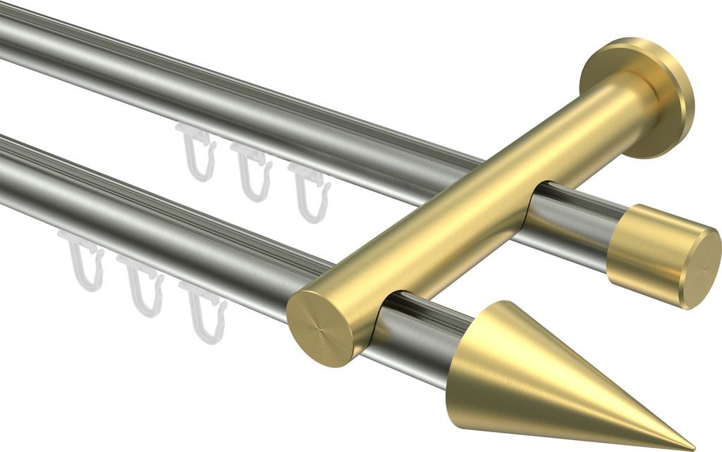 Interdeco Innenlaufstange / Gardinenstange mit Innenlauf Edelstahl-Optik / Messing-Optik, Typ Platon Savio (Kegel), 20 mm Ø 2-läufig, 180 cm