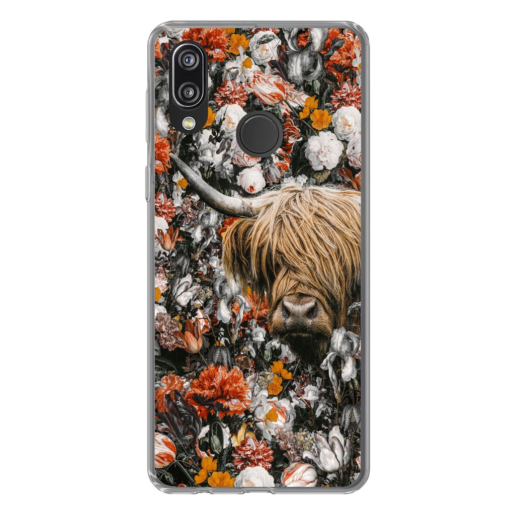 MuchoWow Handyhülle Schutzhülle Hülle für Huawei P20 Lite (2020) Schottischer Highlander - Blumen - Orange Silikon Softcase Handy Hülle - Ka...