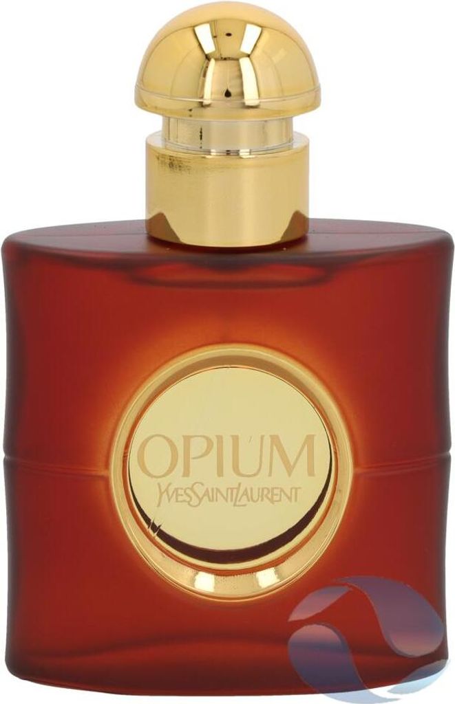 A close-up studio shot of a YSL Opium perfume bottle.