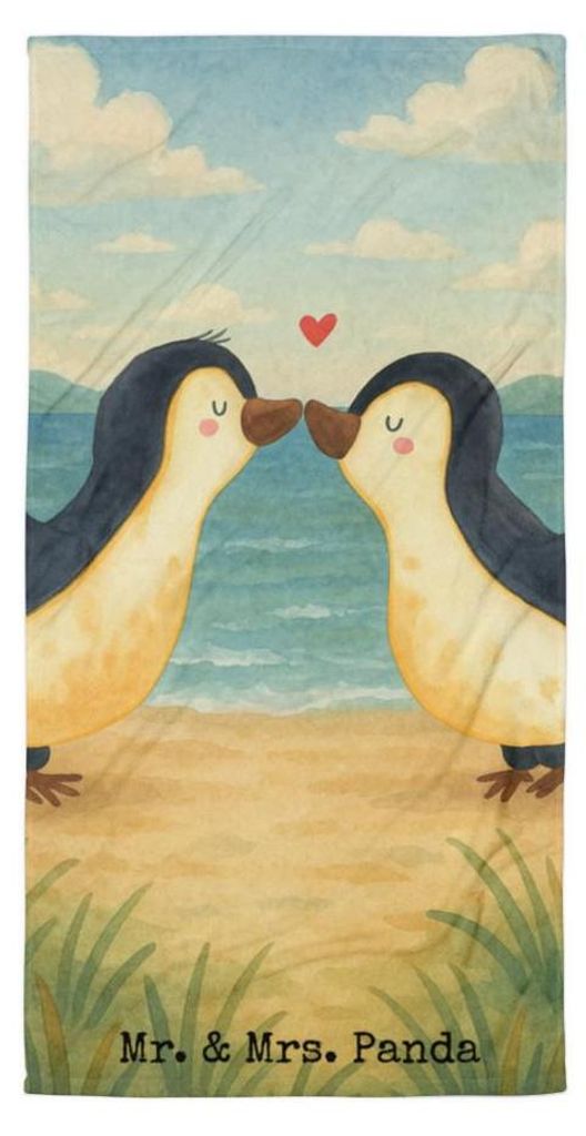 Mr. & Mrs. Panda Strandtuch Pinguine Kuss Design - Weiß - Geschenk, für Freundin, Frottee-Handtuch, Frauen, frottierhandtuch, Hochzeitstag, Liebe...