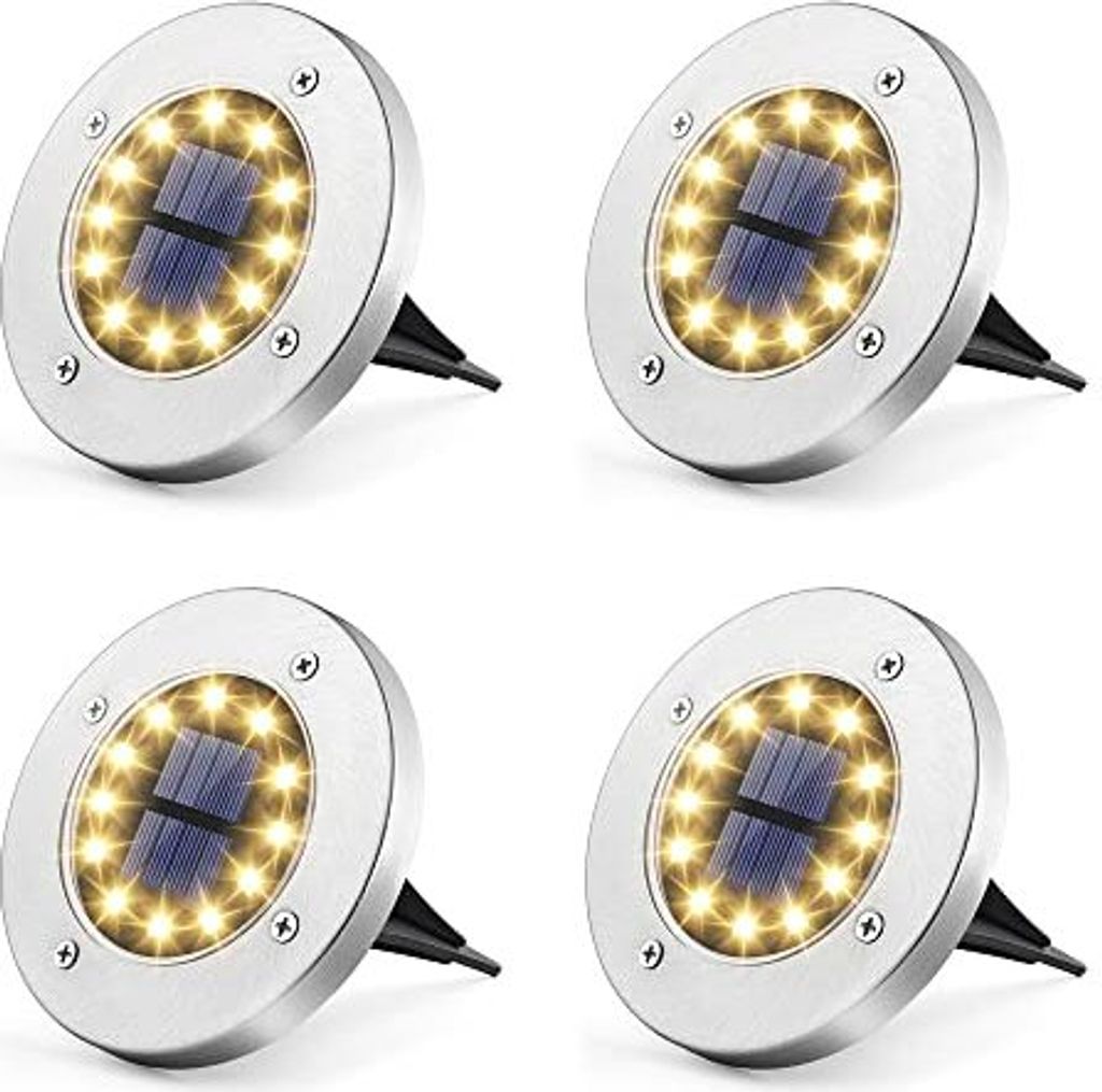 Solpex Solar Bodenleuchten Aussen, 12 LEDs Solarlampen für Außen, 4 Stück Warmweiß, Gartenleuchten Edelstahl Wasserdicht außen, Garten, Terrasse,