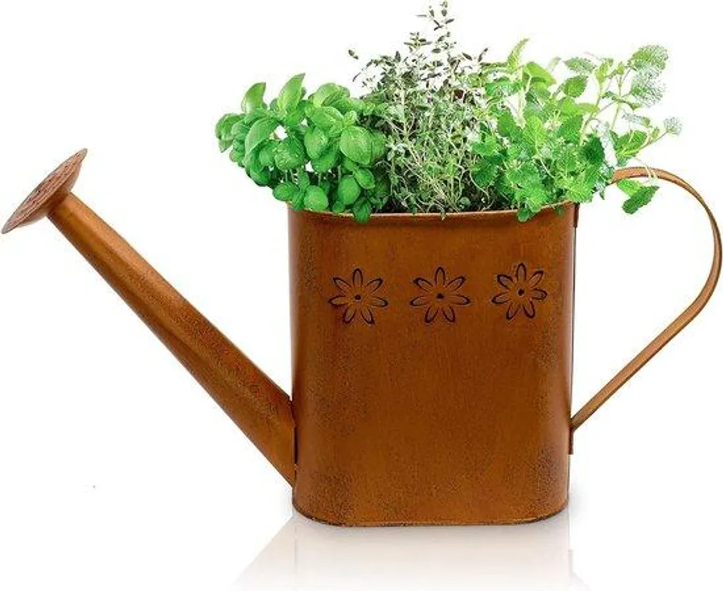 Décoration de jardin vintage : pot de fleurs rouillé avec nain rustique