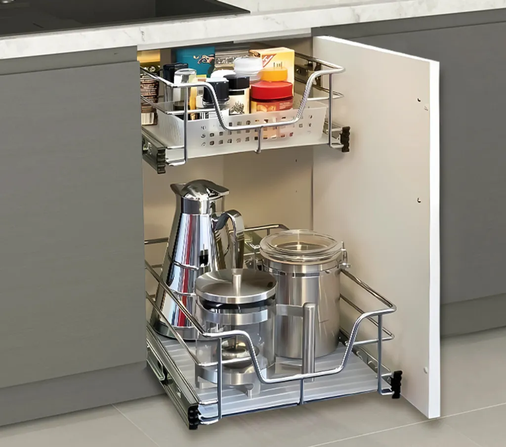 Tiroir de cuisine coulissant en acier chromé pour meuble 56 cm