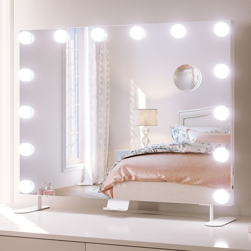 SONNI Kosmetikspiegel 80x65,5cm Schminkspiegel mit 3 Farbe Licht, Einstellbare Helligkeit, mit USB und Halterung, 10x Vergrößerung,Wandspiegl, weiß