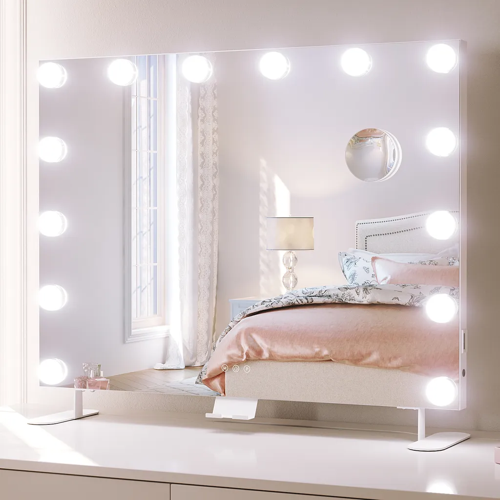 SONNI specchio per il trucco 80x65,5cm specchio per il trucco con luce a 3 colori, luminosità regolabile, con USB e supporto, ingrandimento 10x, specchio da parete, bianco
