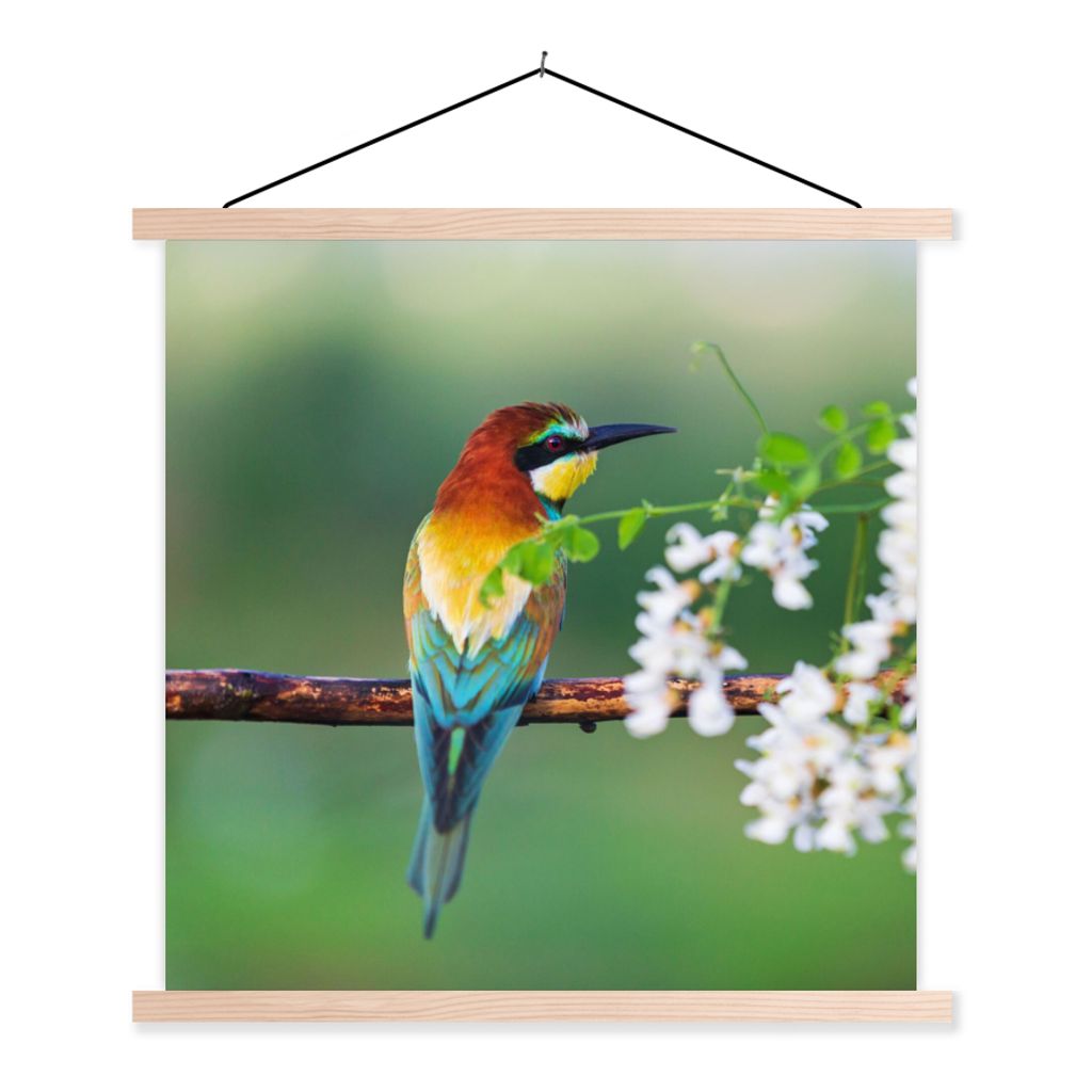 MuchoWow Textilposter Vogel - Bienenfresser - Blumen 40x40 cm mit holzfarbenen Rahmen - Posterleiste