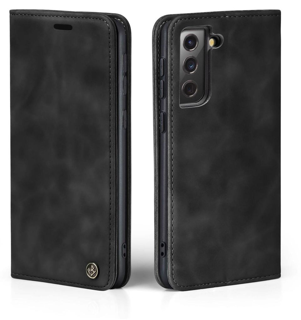 A black flip cover case for a smartphone is shown from two angles.