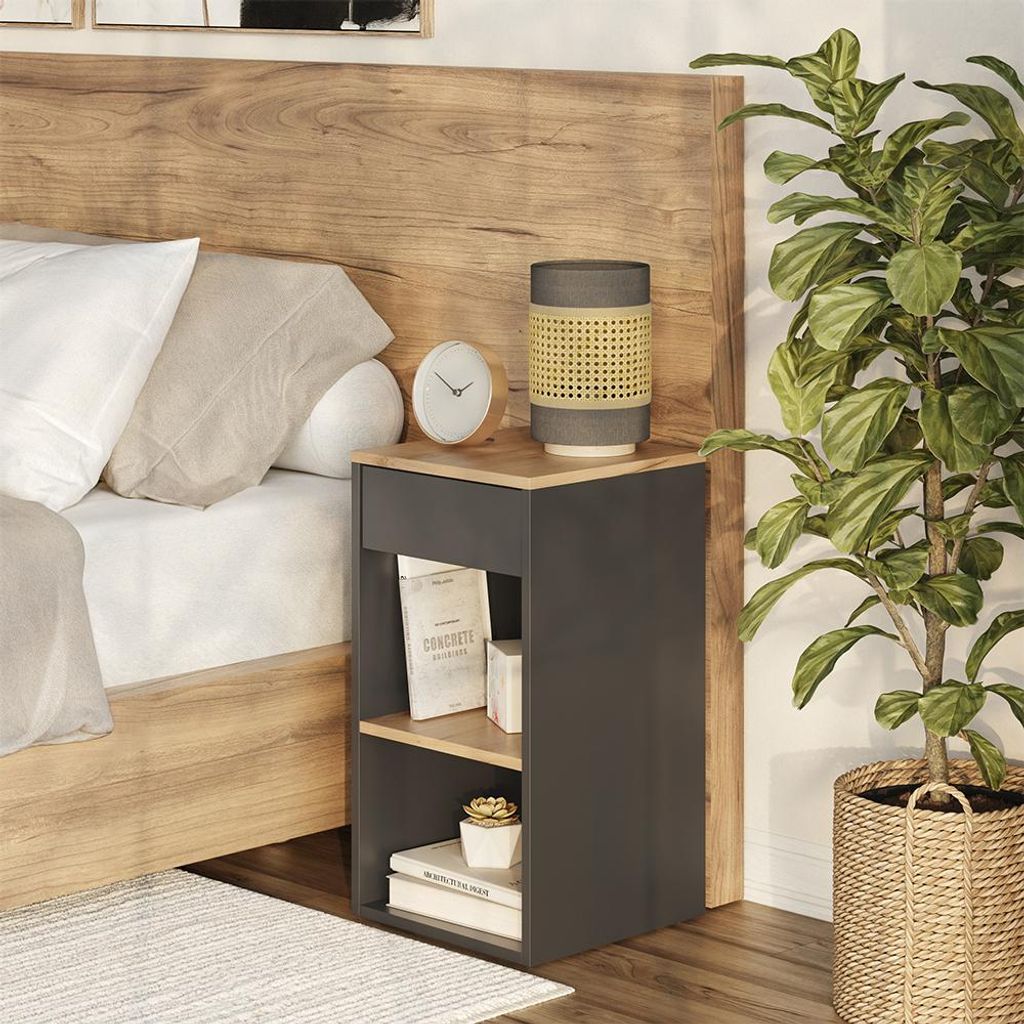 A bedside table with books and a lamp next to a bed and a plant.