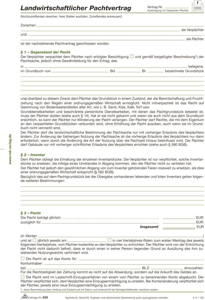 Pachtvertrag landwirtschaftlicher Pachtvertrag A4 4 Blatt Produktbild 