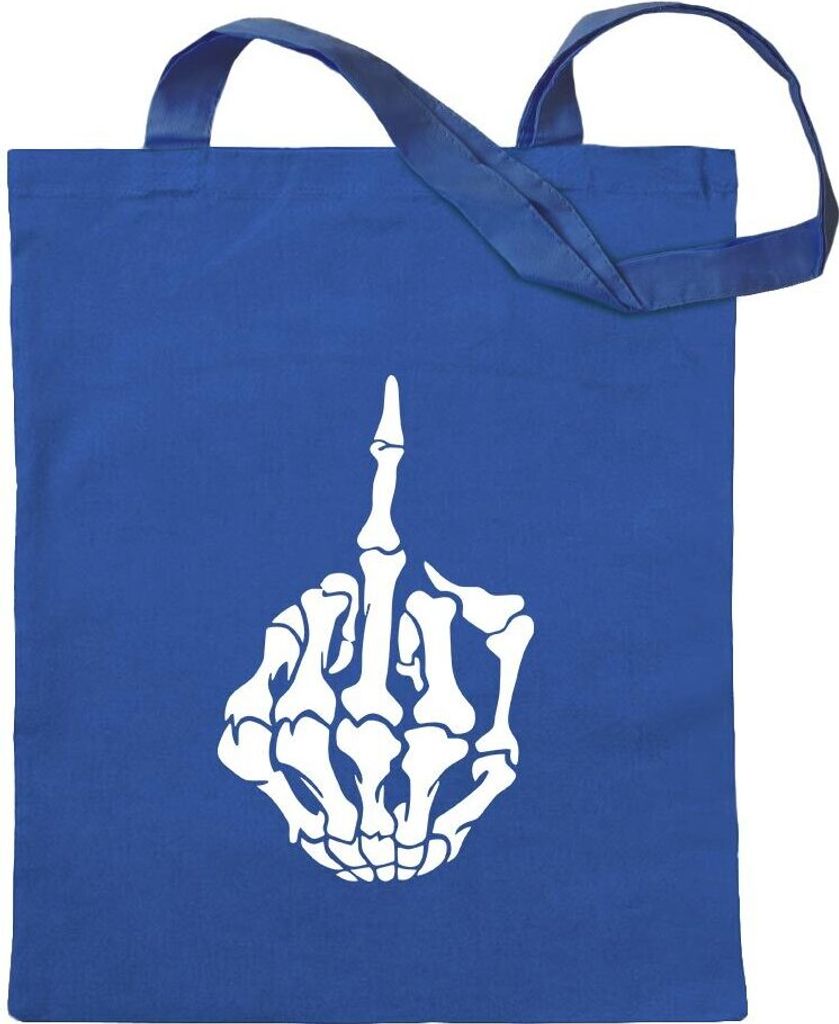 Kiwistar - Baumwolltasche - royalblau - Mittelfinger Skelett Hand - Tragetasche Stoffbeutel Umhängetasche Langer Henkel