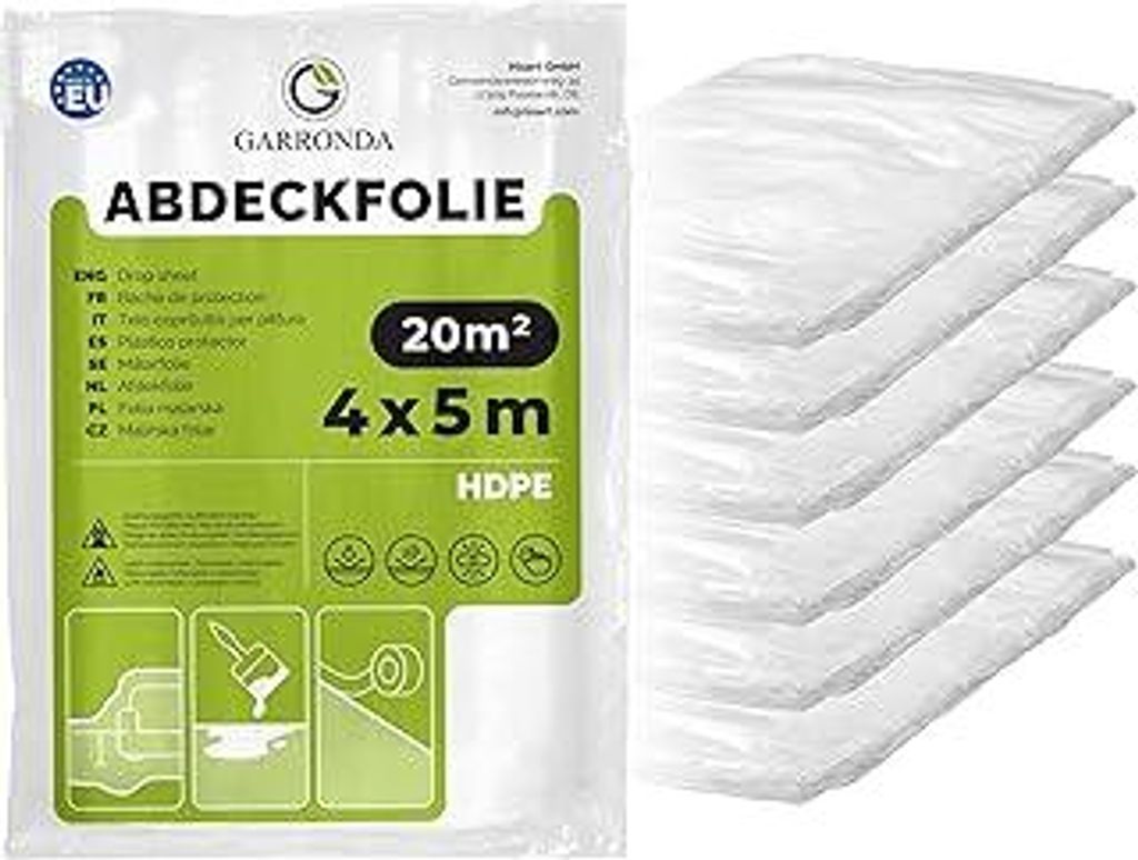 Abdeckfolie 4x5 m 6er Pack transparent HDPE Malerfolie für Renovierung, Staubschutzfolie Umzug, Abdeckplane Baufolie für Möbel- & Bodenschutz, F...