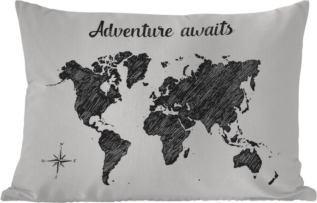 MuchoWow Outdoor Kissen - Weltkarte - Zitat - Das Abenteuer wartet - 50x30 cm - Wetterfest - Lounge Kissen - Sofa kissen - Wohnzimmer Dekoration