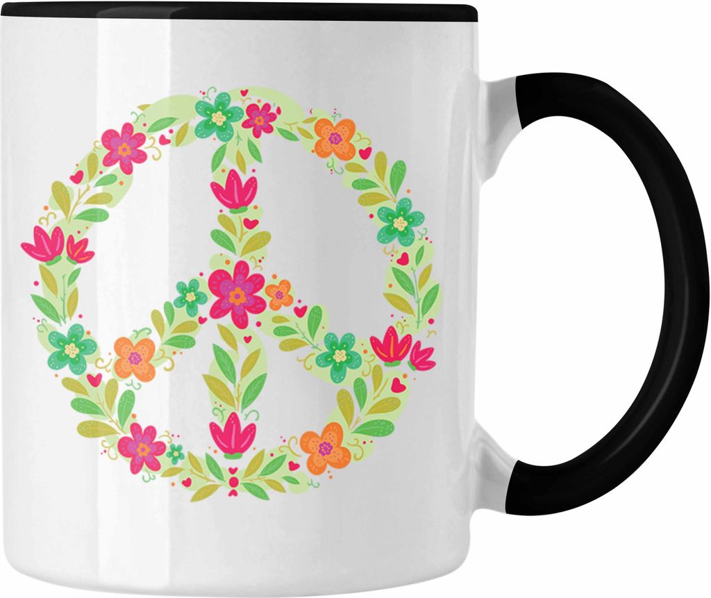 Trendation - Peace Zeichen Tasse Frieden Hippie 90er 80er Grafik Geschenk Blumen Grün (Schwarz)