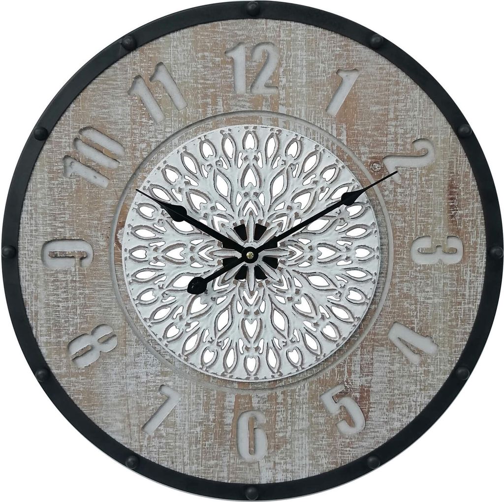 Rebecca Mobili Geschnitzte Wanduhr, Holzmetall, braun und schwarz Ø 50 cm
