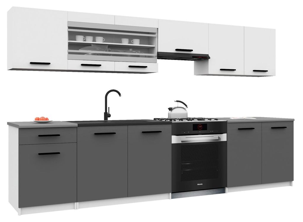 Belini Moderne Küchenzeile Küchenblock ITALIA 4 - Küchenmöbel 260cm Weiß-Grau Matt - Einbauküche mit Hängeschränke, Unterschränke & Arbeit...