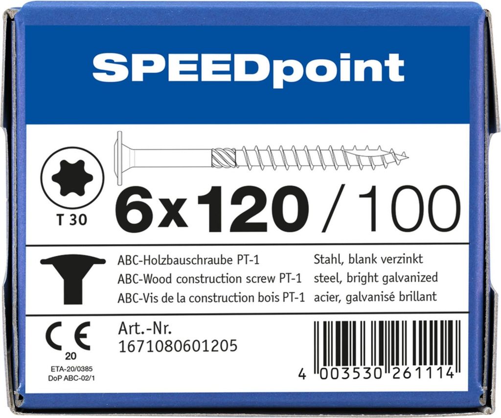 ABC SPEEDpoint Holzbauschraube Tellerkopf T30 Teilgewinde Schabenut A2J 6x120mm (100)