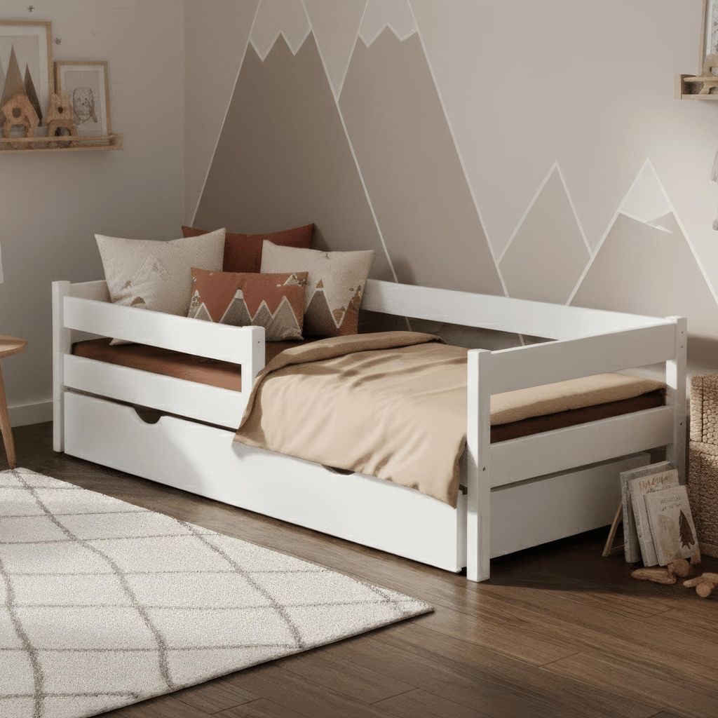 MEBLE WRÓBEL Kinderbett 90x190 cm mit Schublade, Rausfallschutz und Lattenrost - Kinder Bett Montessori - Jugendbet aus Kiefer Massivholz in Weiß...