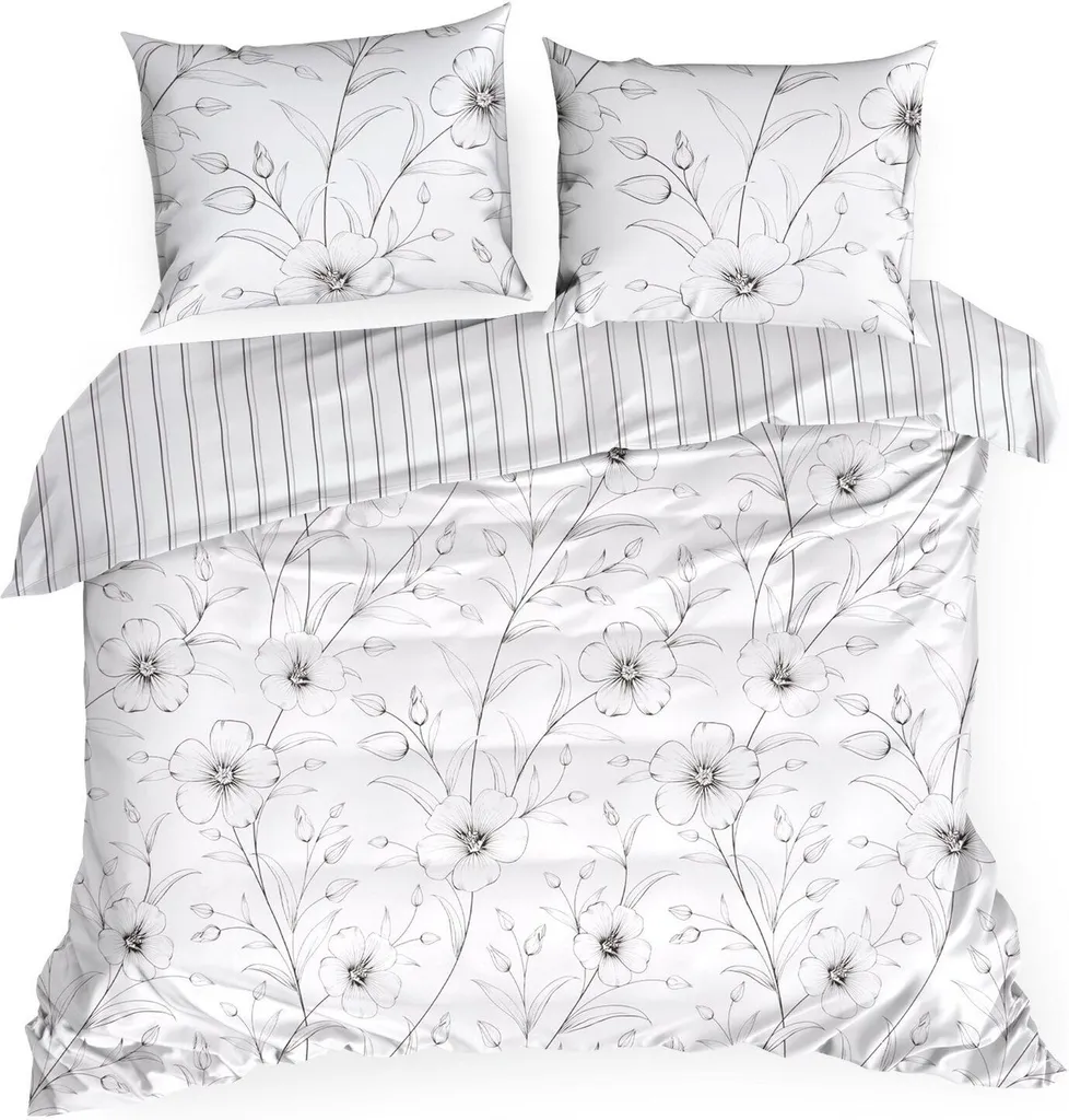 Housse de couette 220x200 cm satinée motif fleuri noir et blanc chic