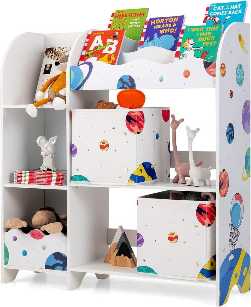 GOPLUS 3-stöckiges Kinder-Bücherregal & Spielzeug-Organizer mit 3 Bücherfächern & 2 Aufbewahrungsboxen, freistehender Kinder-Aufbewahrungsschra...