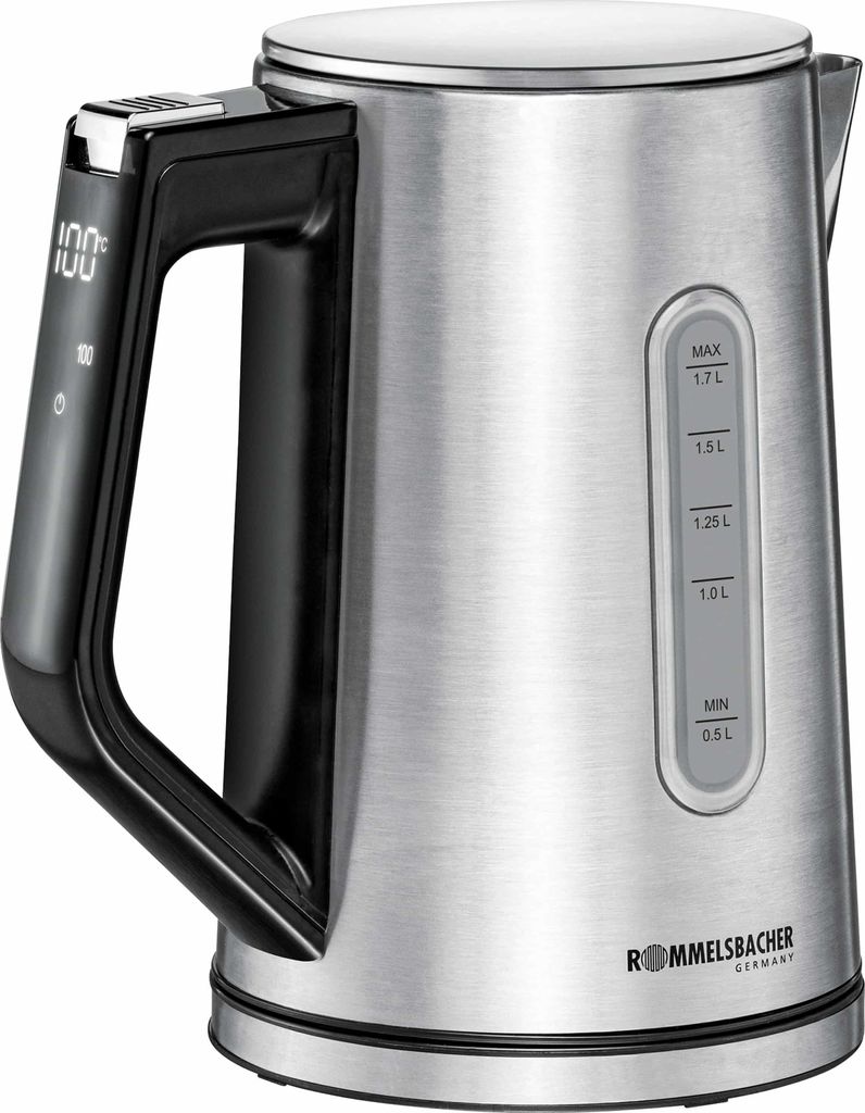 A stainless steel electric kettle with a black handle.