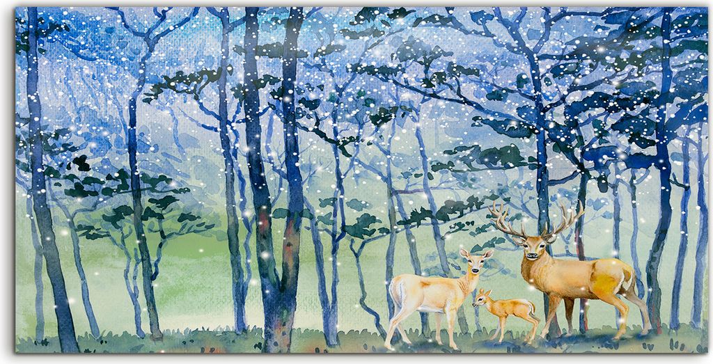 Coloray Glasbild 140x70 Wandbild Glasbilder Schneefälle Wald Winter Tier Hirsche
