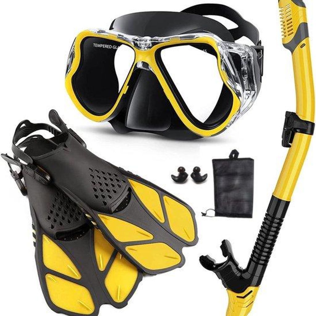Snorchelset für Erwachsene - Panoramisches Sehfeld Snorchelmasken Anti-Kondens, Verstellbare Schwimmflossen, Trockene Oberseite Snorchel und Reise...