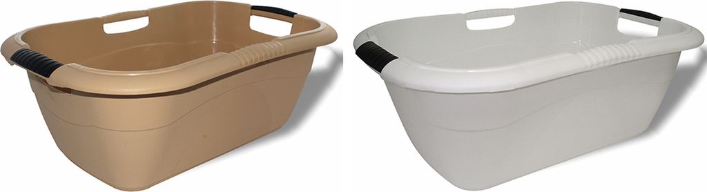 Two laundry baskets, one beige and one white, are shown side-by-side against a white background.