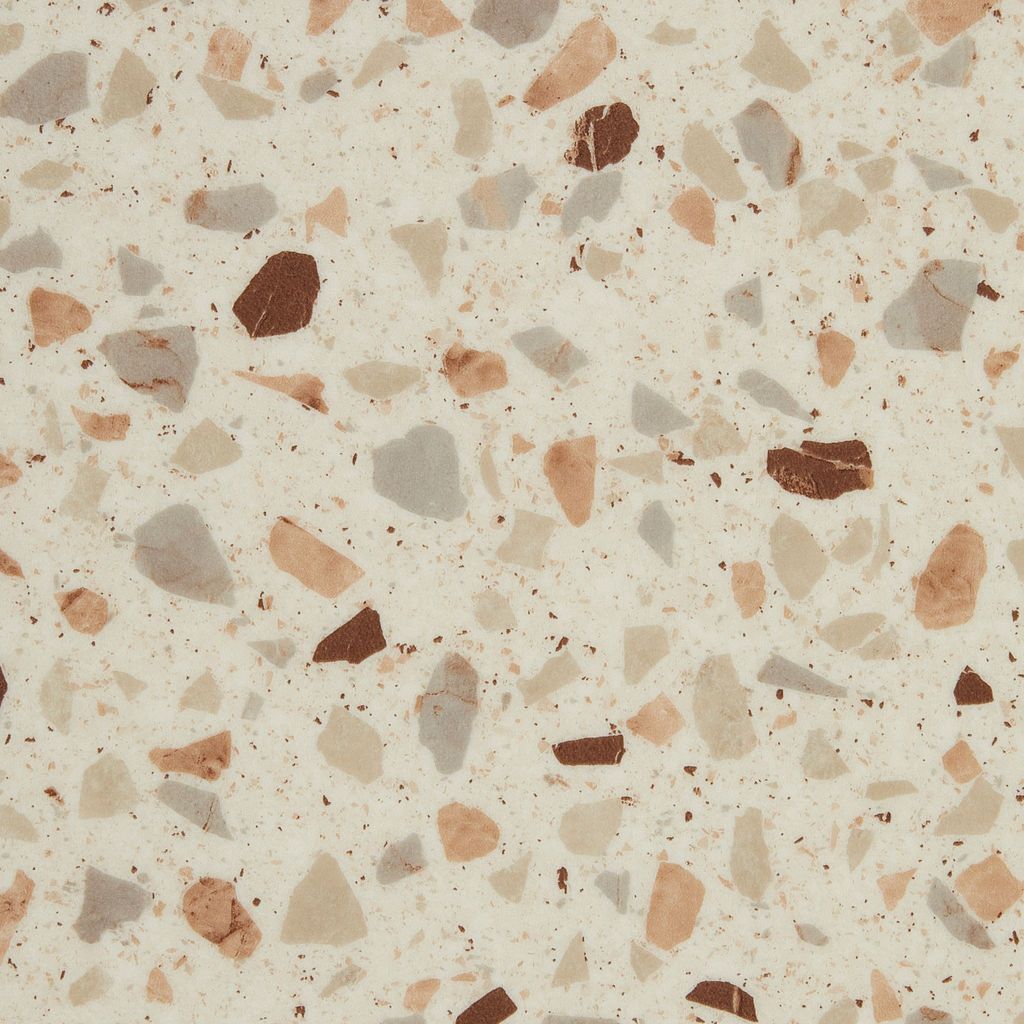 PVC-Meterware in Terrazzo-Optik mit beigen, braunen und grauen Sprenkeln.