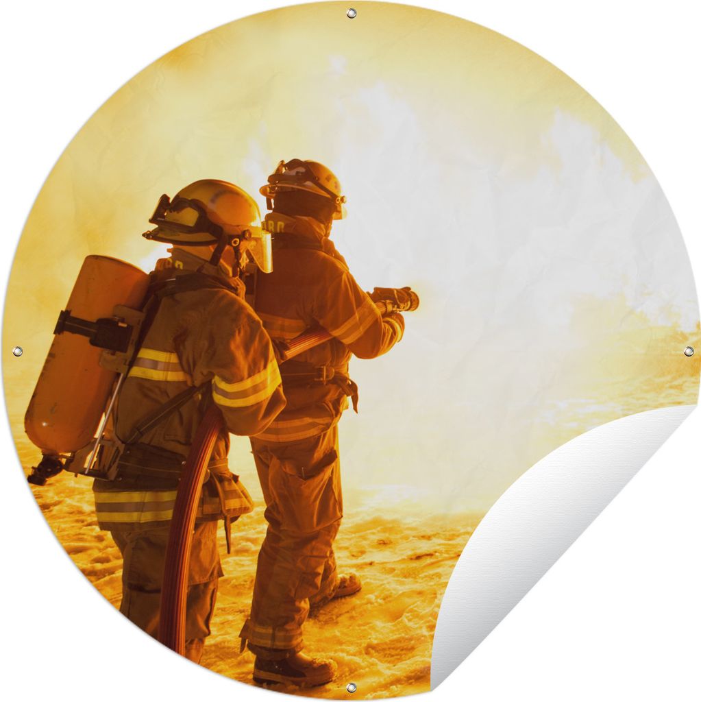 MuchoWow Gartenposter Outdoor-Poster Rund Feuerwehrleute bei der Übung Ø 120 cm Gartendeko Rundes Poster draußen