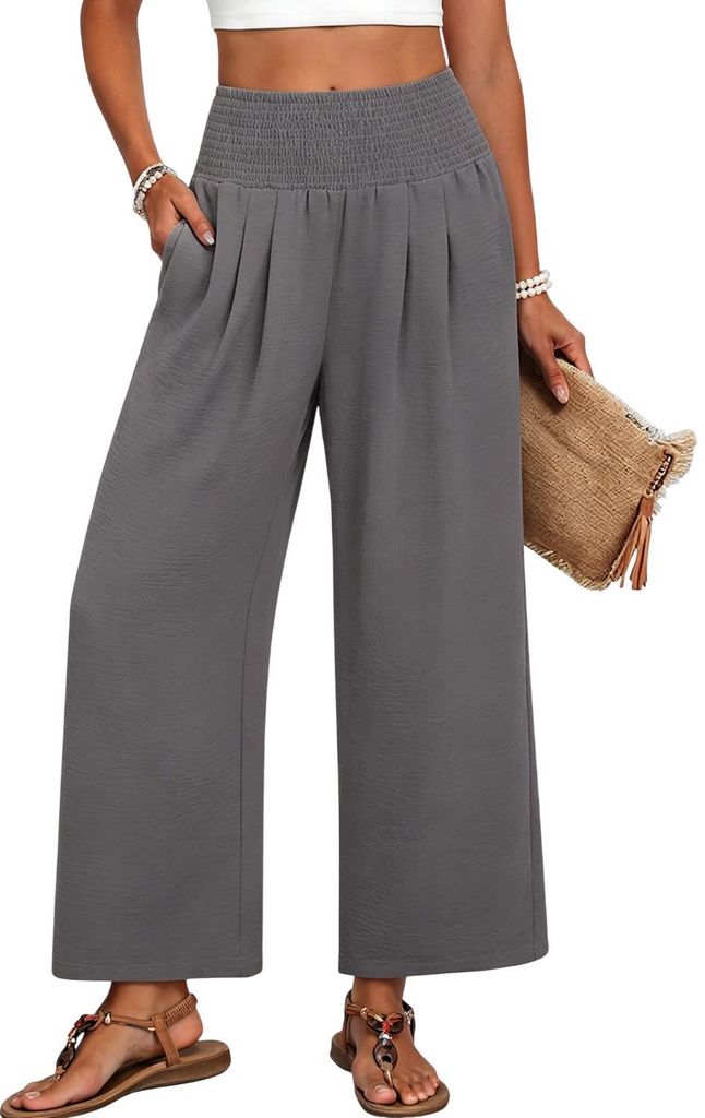 ASKSA Damen Leinenhose Sommerhose Leicht Strandhose Locker Stoffhose Weite Beine Musselin Palazzo Hose mit Taschen (Grau,XXL)