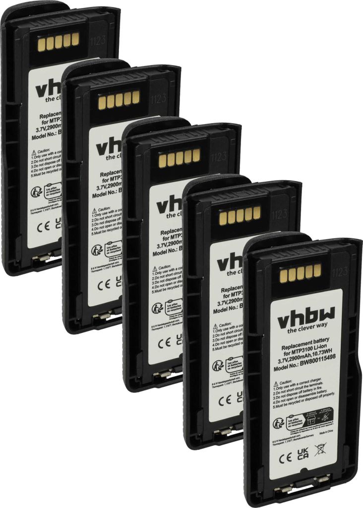 vhbw 5x Akku kompatibel mit Motorola Tetra MTP6550, MTP6600, MTP6750, MTP6650 Funkgerät, Walkie Talkie (2900 mAh, 3,7 V, Li-Ion)