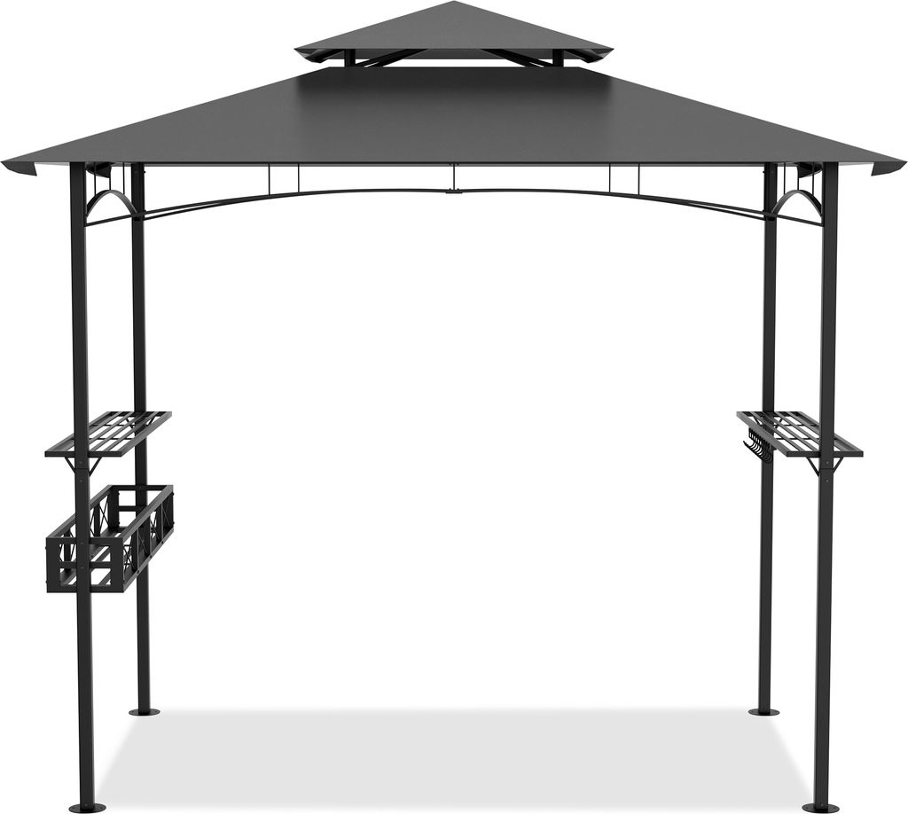 A product shot of a gray gazebo with a double roof and black metal frame, set against a white background.