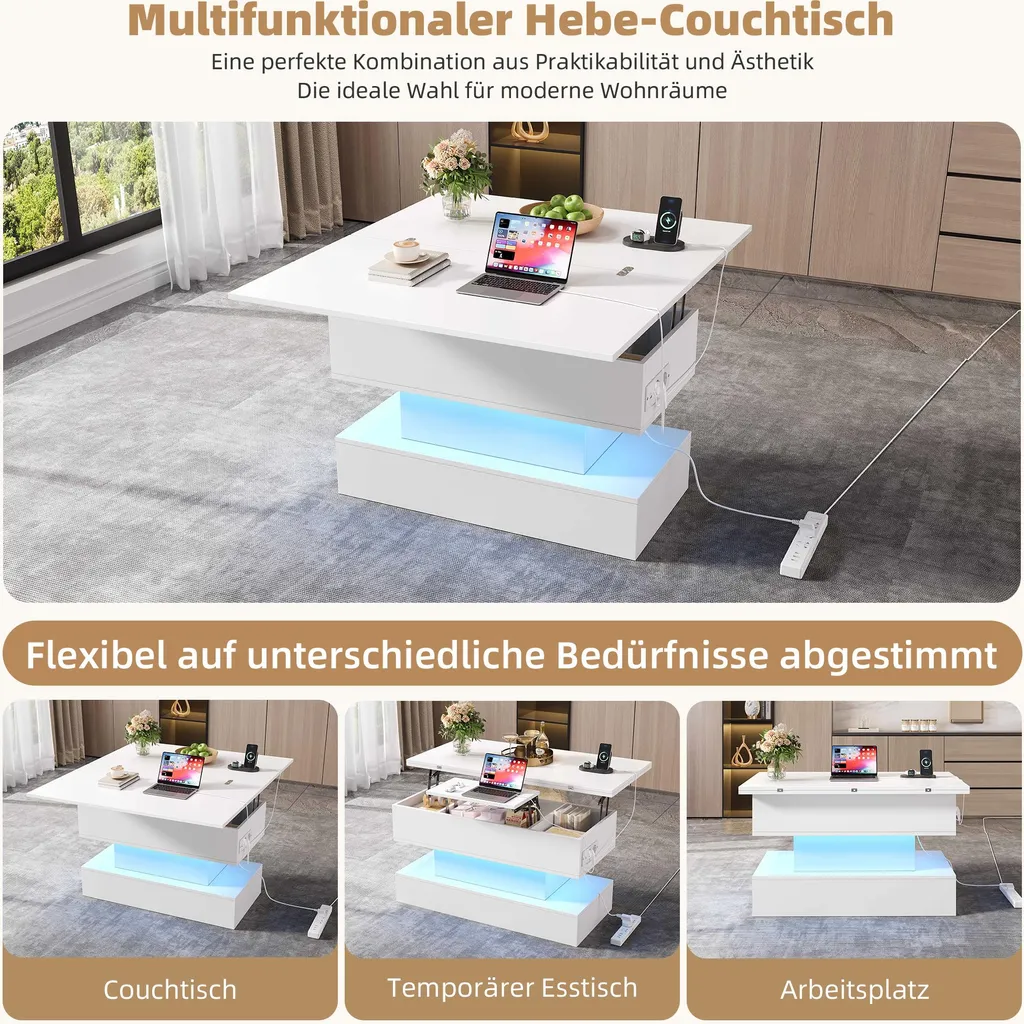 Table d'Appoint Relevable Idéale pour Télétravail avec Prises et LED - 4