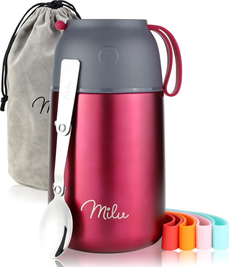 Milu Thermobehälter für Essen 800ml, Edelstahl Warmhaltebehälter mit Löffel, Thermobecher Essen, Thermo Lunchbox für Kinder, Erwachsene, Berry