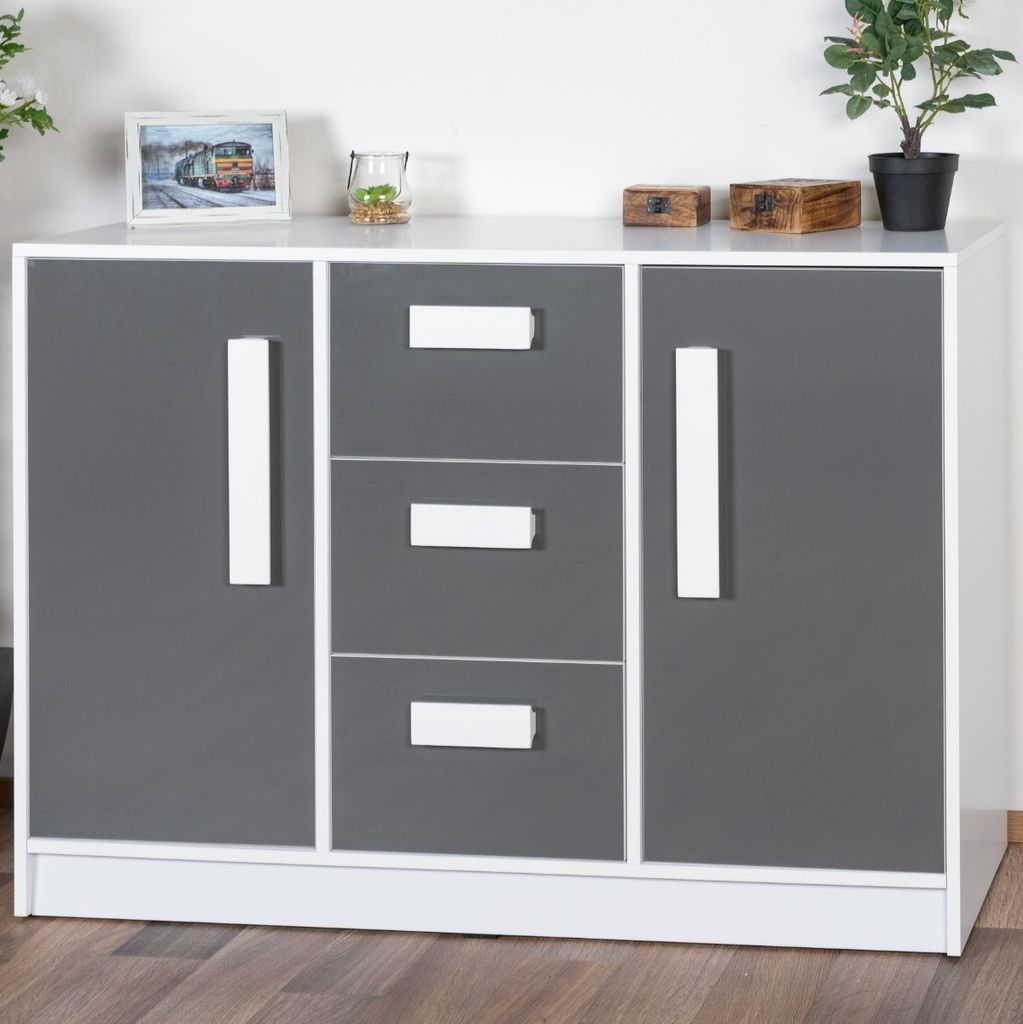 Kinderzimmer - Kommode Walter 06, Farbe: Weiß / Grau Hochglanz - 85 x 120 x 40 cm (H x B x T)