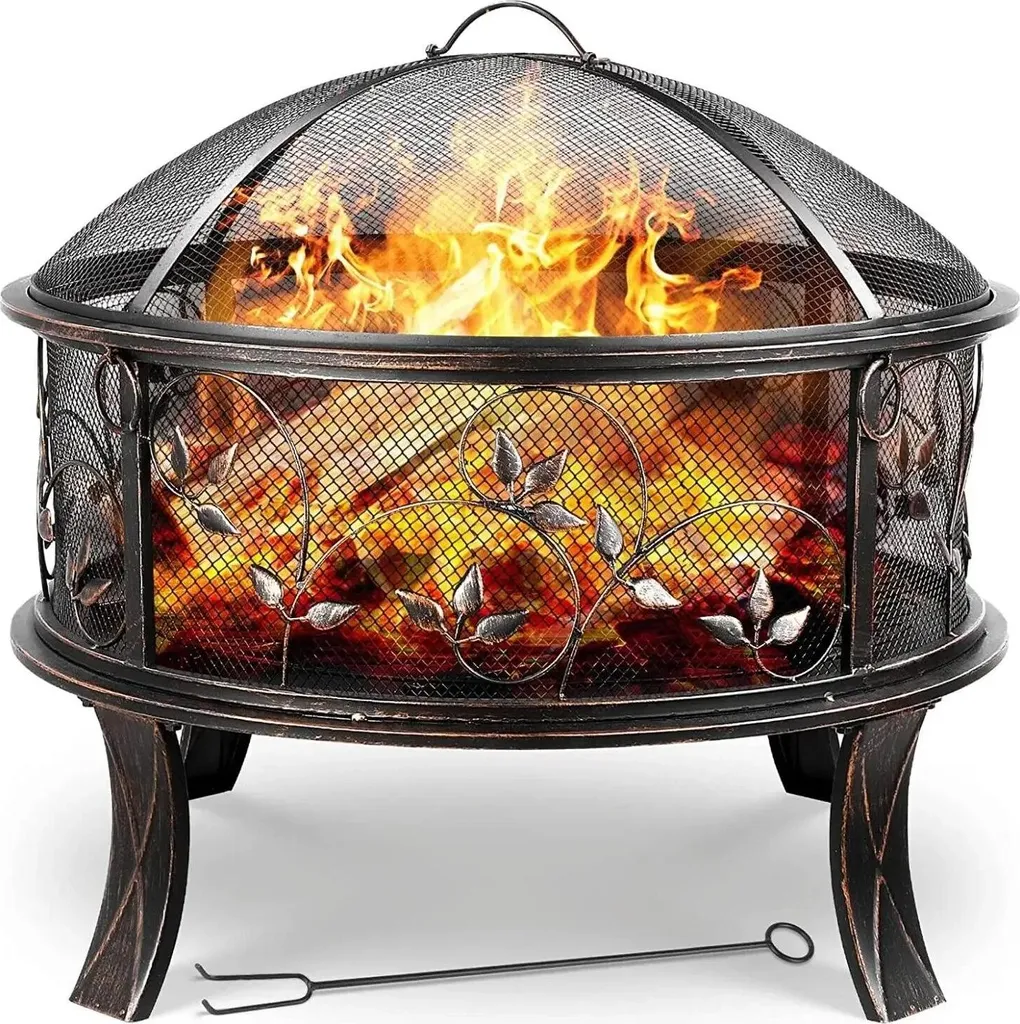 Brasero fonte Ø71 cm avec grille à charbon et tisonnier, look rétro noir