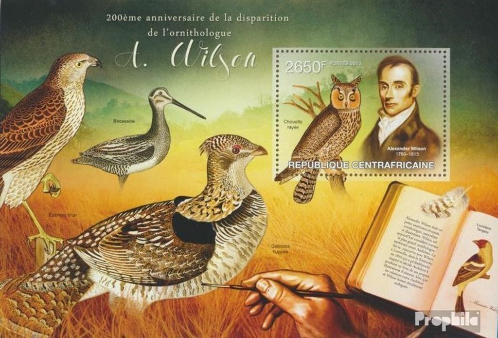 Briefmarken Zentralafrikanische Republik 2013 Mi Block 1012 (kompl. Ausgabe) postfrisch Ornithologe A. Wilson (Chouette rayee)