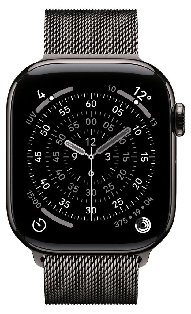 A close-up, front-facing view of a black Apple Watch with a Milanese loop band, displaying the watch face with time and other data.