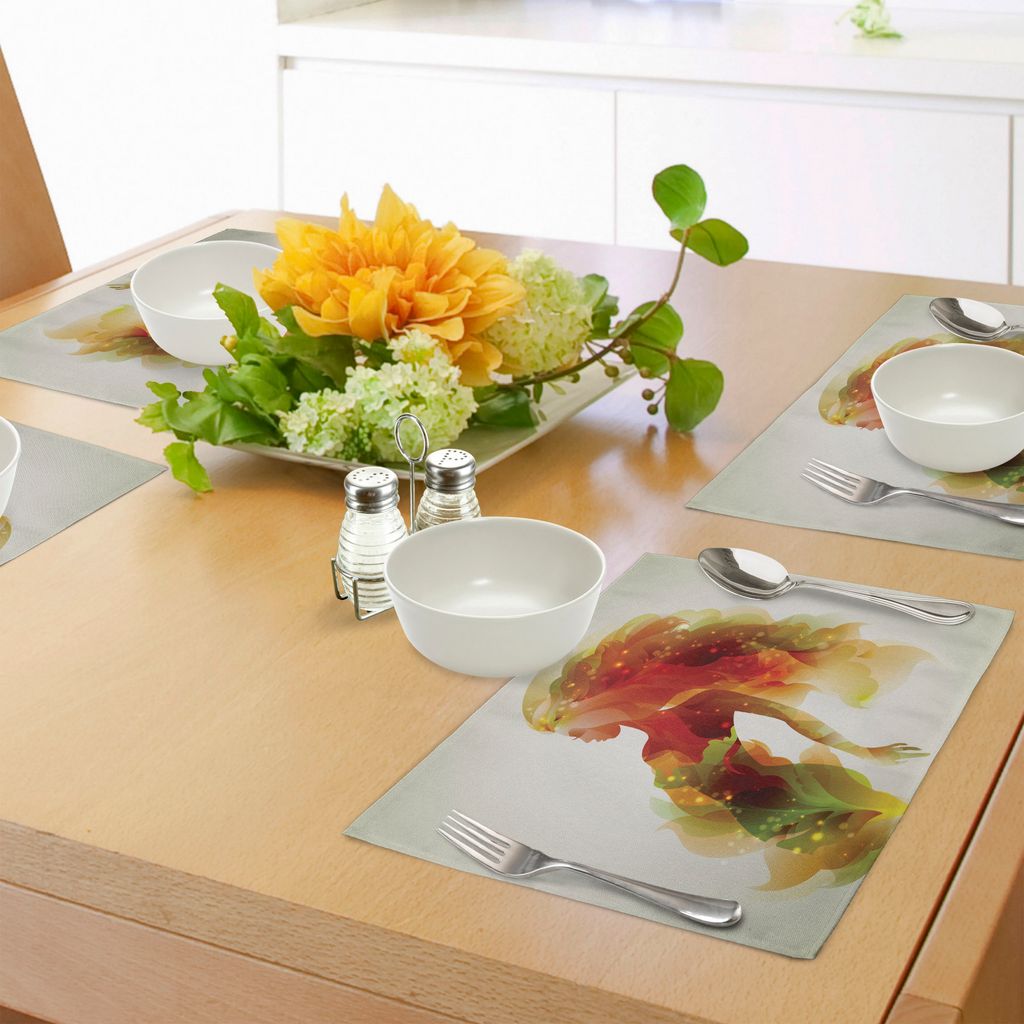 ABAKUHAUS Mädchen Platzmatten, Mädchen-Figur mit Blumen und Blättern Floral Abstract Art Spring Theme Artwork, Tiscjdeco aus Farbfesten Stoff f...