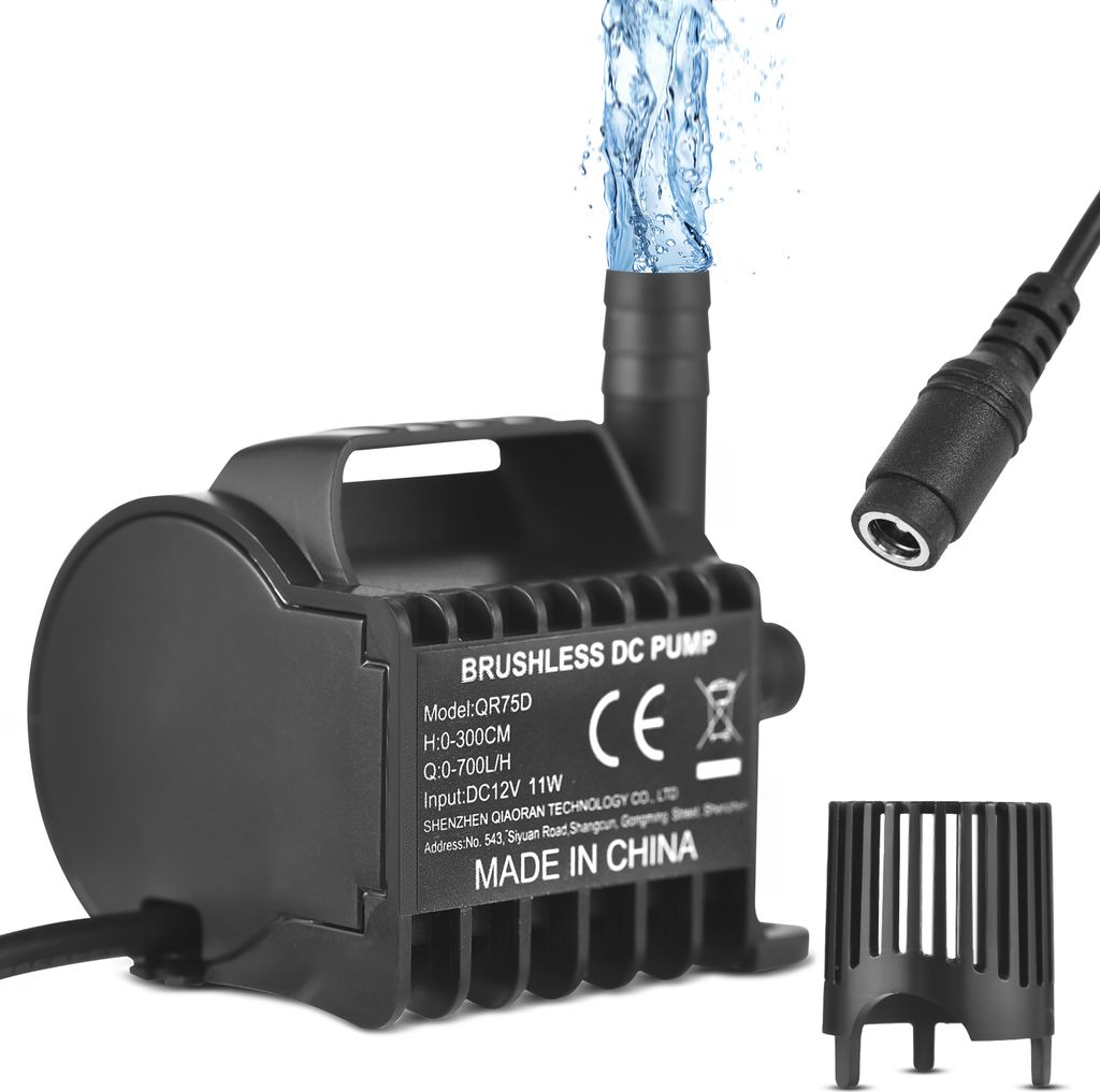 Tauchfaehige 12-V-Wasserpumpe, elektrisch, 700 l/h, kleine Springbrunnenpumpe mit max. 3 m Hub, 2 m Gleichstrom-Buchsenstecker und Saugnapfsockel, ...