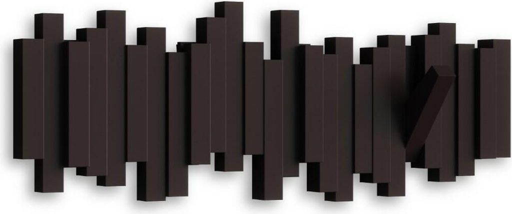 A dark brown coat rack with multiple movable hooks.