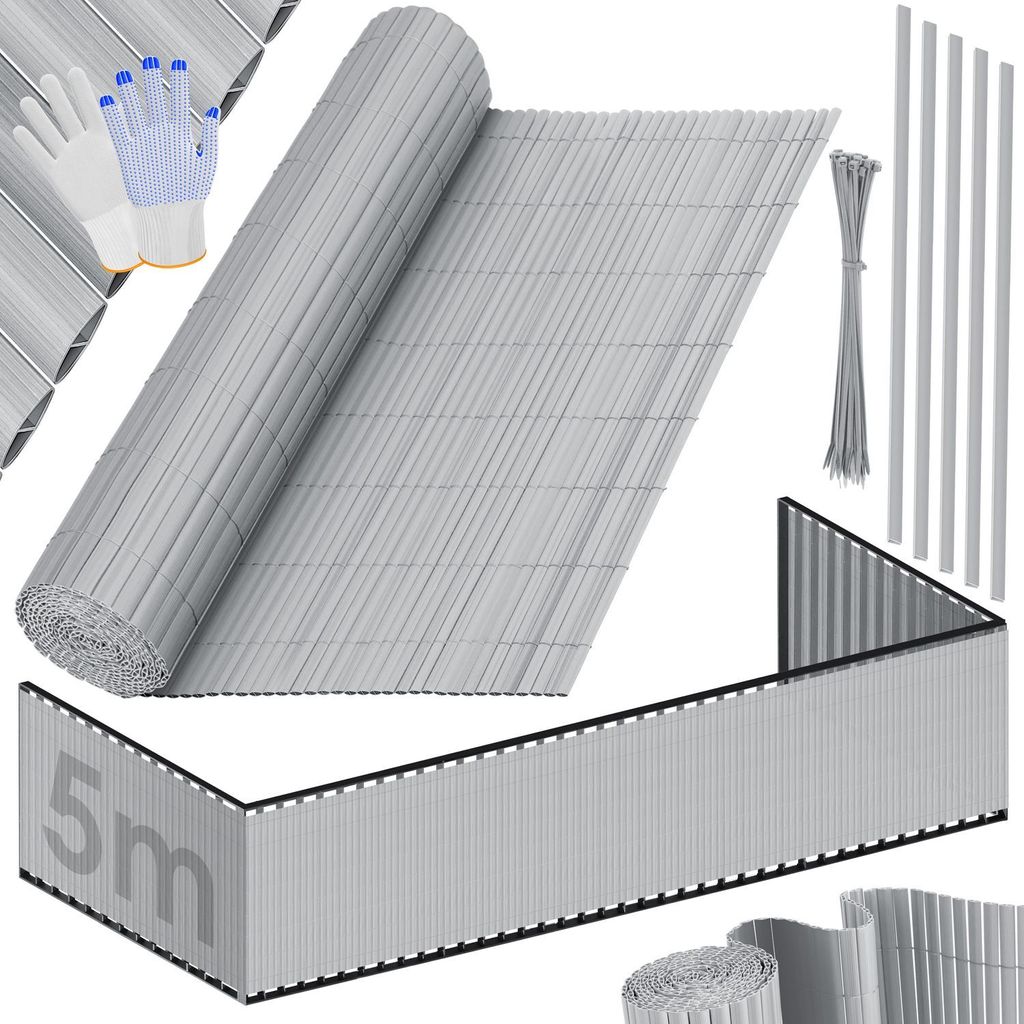 A product image displaying a rolled-up PVC privacy screen, along with accessories like gloves and cable ties, and a partially unrolled section of the screen.