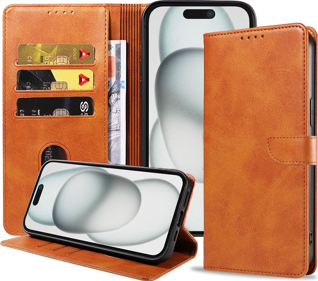Passend für iPhone 15 Handytasche Kunstleder mit magnetischer Lippe und Kartenhalter Buchhülle mit Klappe - Braun - Smartphonics