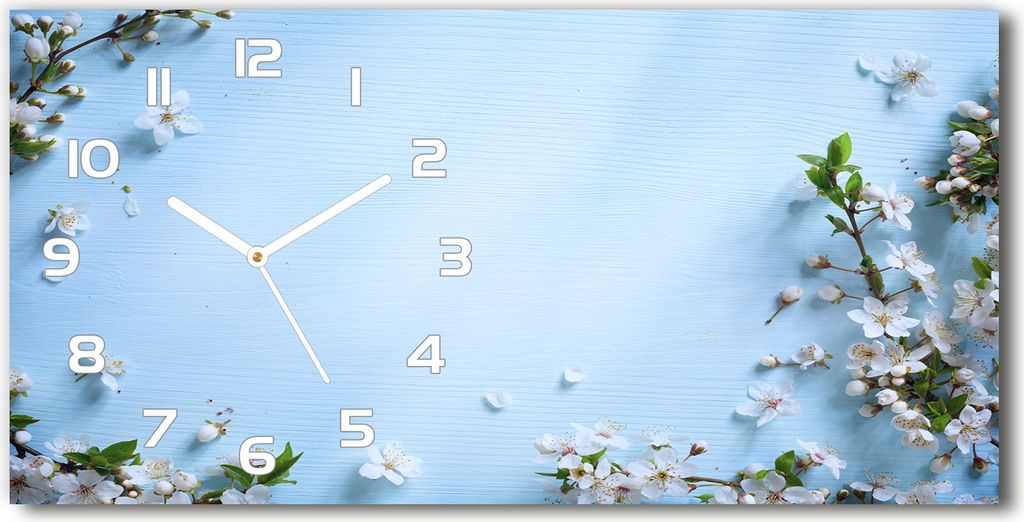 Wanduhr aus Glas – 60x30 cm - Glasbild - Glasuhr - Gehärtetes Glas - weisse-zeiger - Kirschblüten Hintergrund