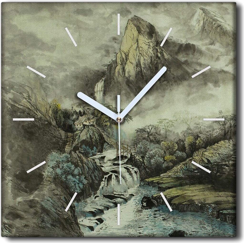 Coloray Uhr auf Leinwand 30x30 cm Wand Uhr Dekoration Wohnzimmer Segeltuch weiße Zeiger -China Bergwasserfall.