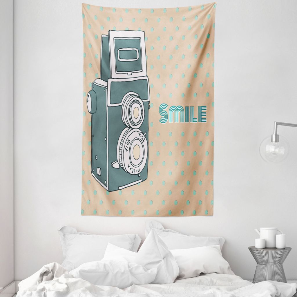ABAKUHAUS Kamera Wandteppich und Tagesdecke, Nostalgisches Lächeln Kalligraphie aus Weiches Mikrofaser Stoff Waschbar ohne Verblassen Digitaldruck...