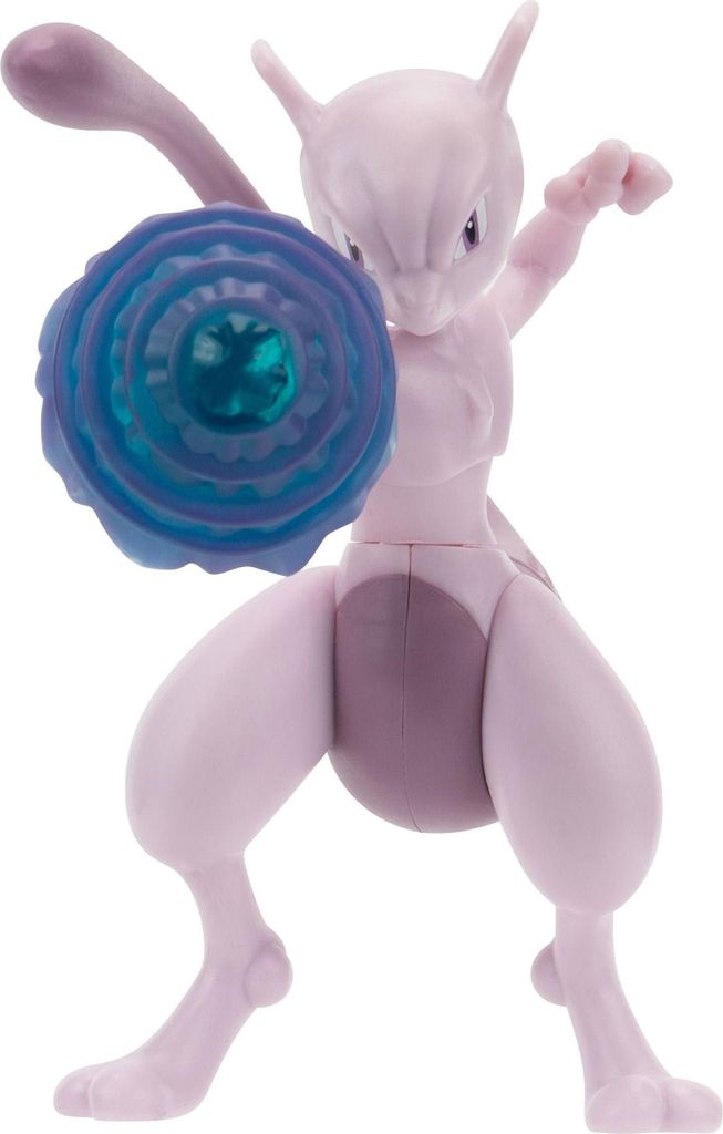 A toy figure of the Pokémon Mewtwo holding a blue energy blast.