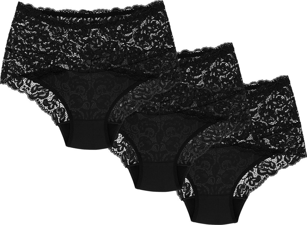 Wolbar Dame Slip 3er Pack Bund Pantys Spitze Elegant Unterhose Unterwäsche WB414, Schwarz, L
